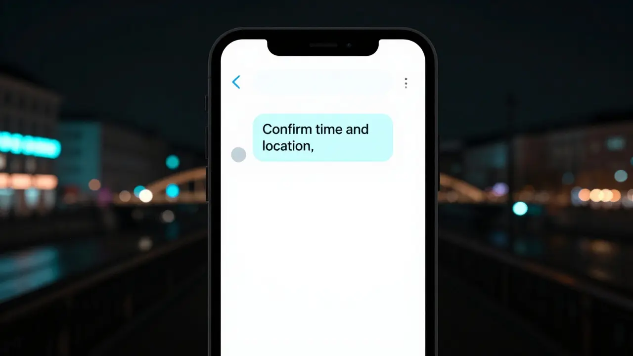 A glowing smartphone screen showing an encrypted message in a dark Berlin room.