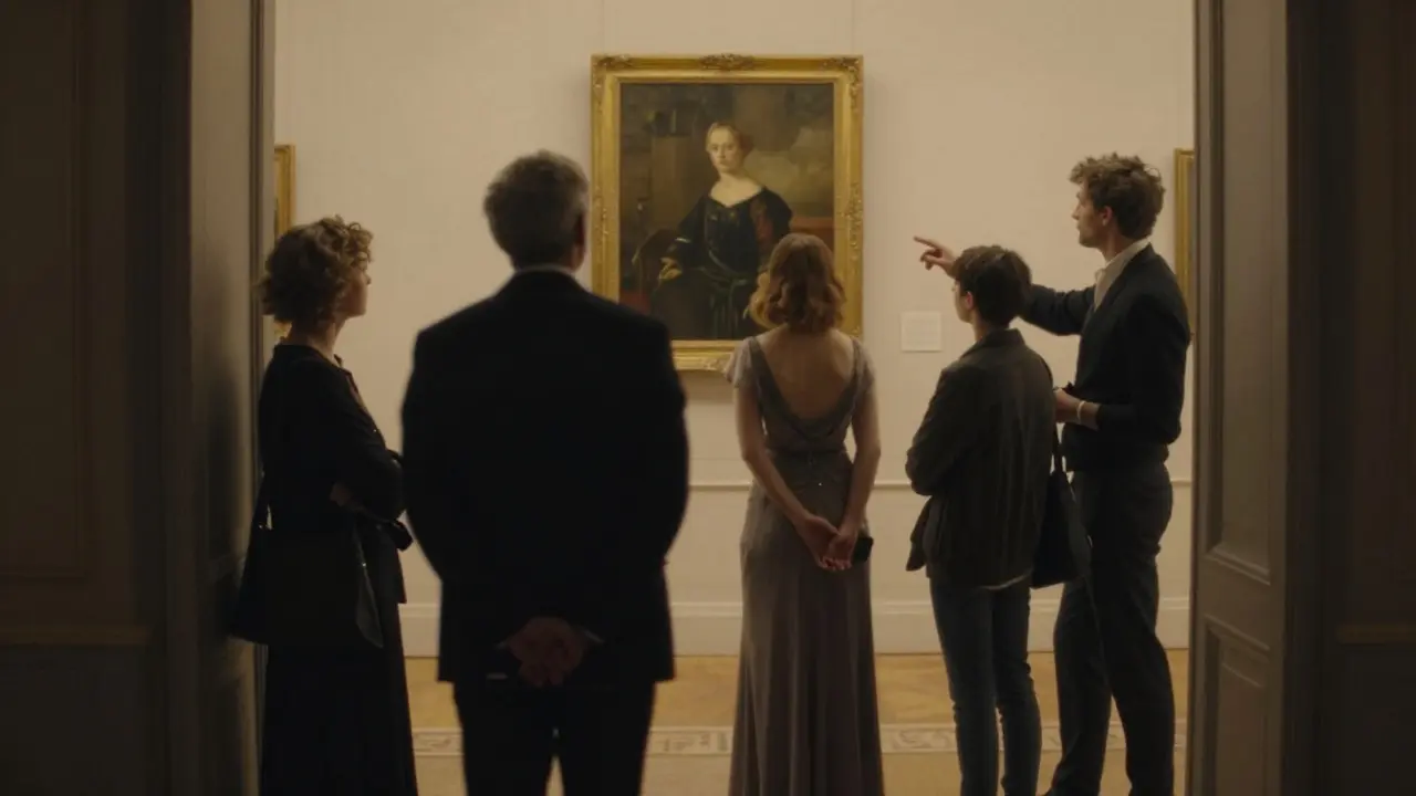 A group of clients listens attentively as an escort describes a painting in a dimly lit Parisian art gallery.