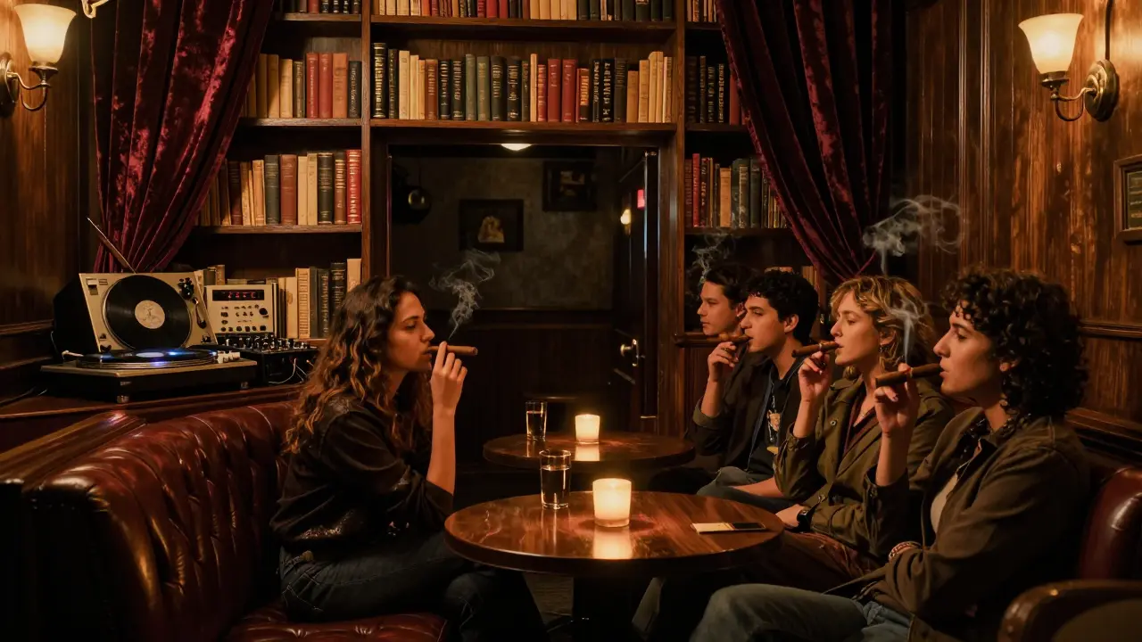 A hidden basement lounge with leather booths, vintage vinyl, and guests smoking cigars in soft amber light.