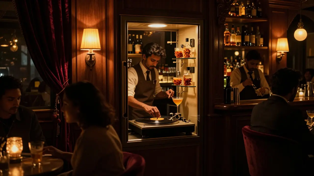 A hidden speakeasy bar with warm lighting, bartenders mixing spiced cocktails, and vinyl records playing softly.