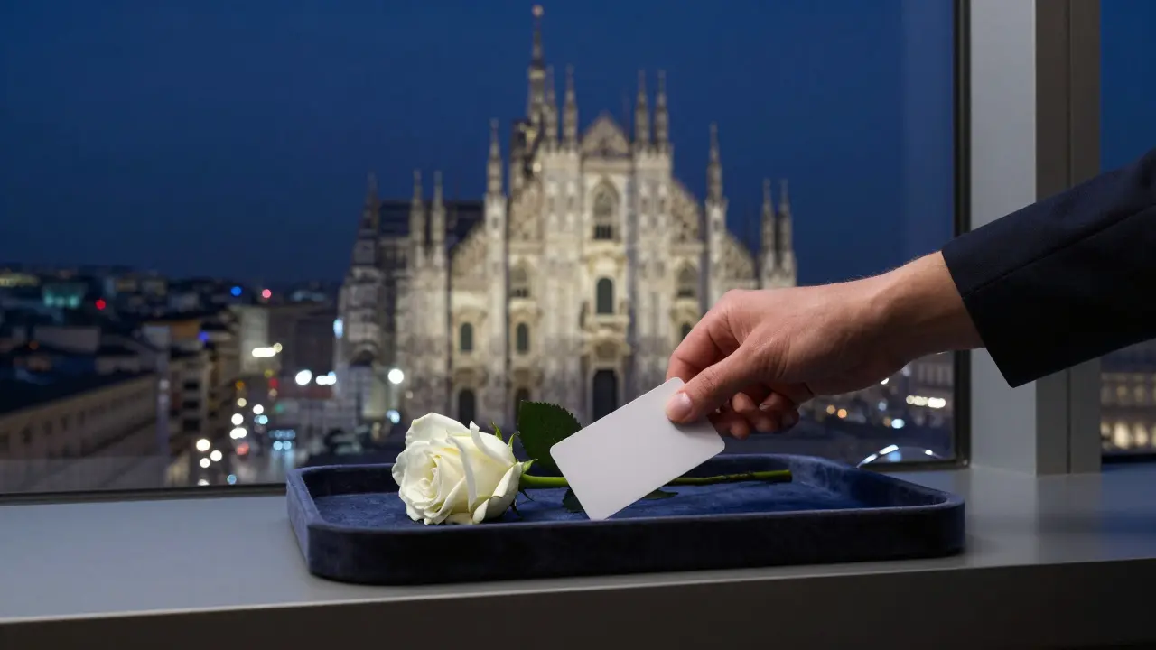 A keycard and rose on a hotel tray, reflecting a nighttime Milan skyline, symbolizing discreet companionship.