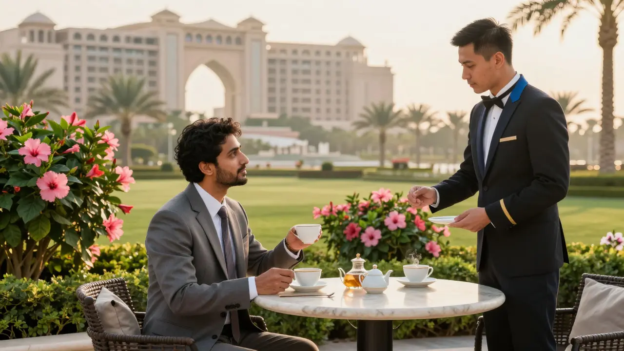 A man and a concierge enjoying tea together in a sunlit garden at The Emirates Palace at dawn.