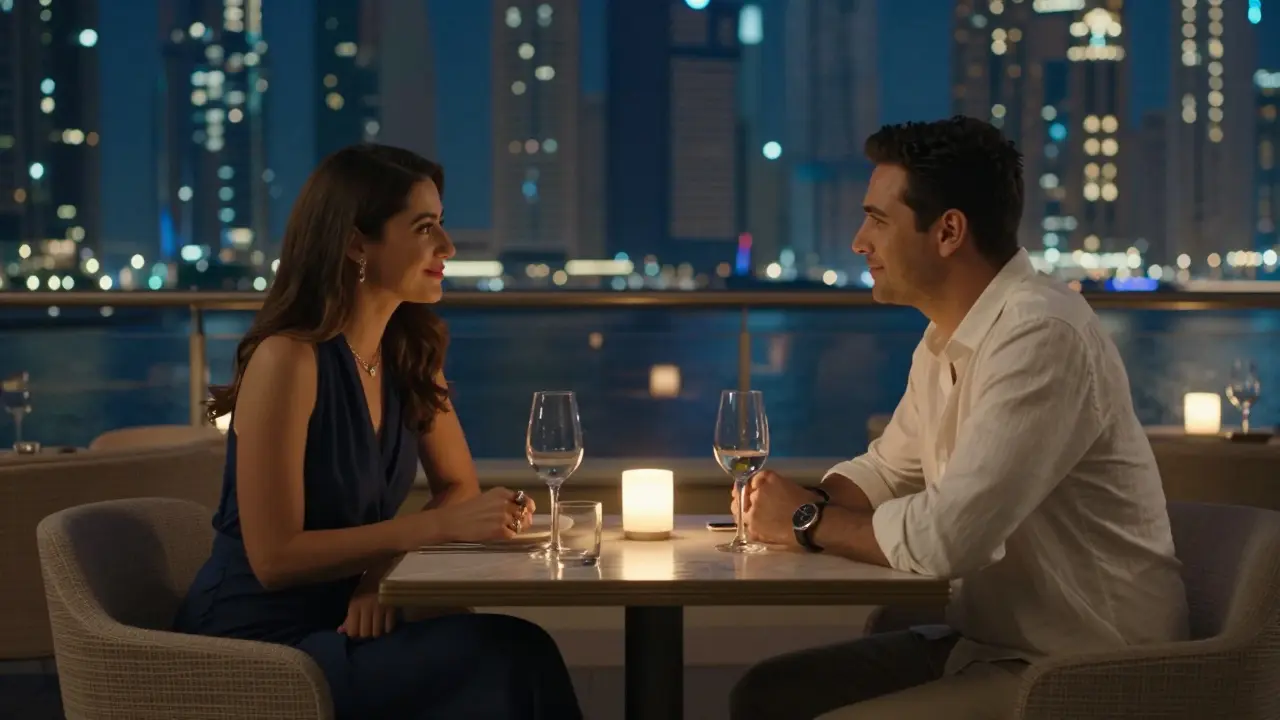 A man and woman share a quiet, respectful conversation over dinner at a private Dubai Marina lounge.