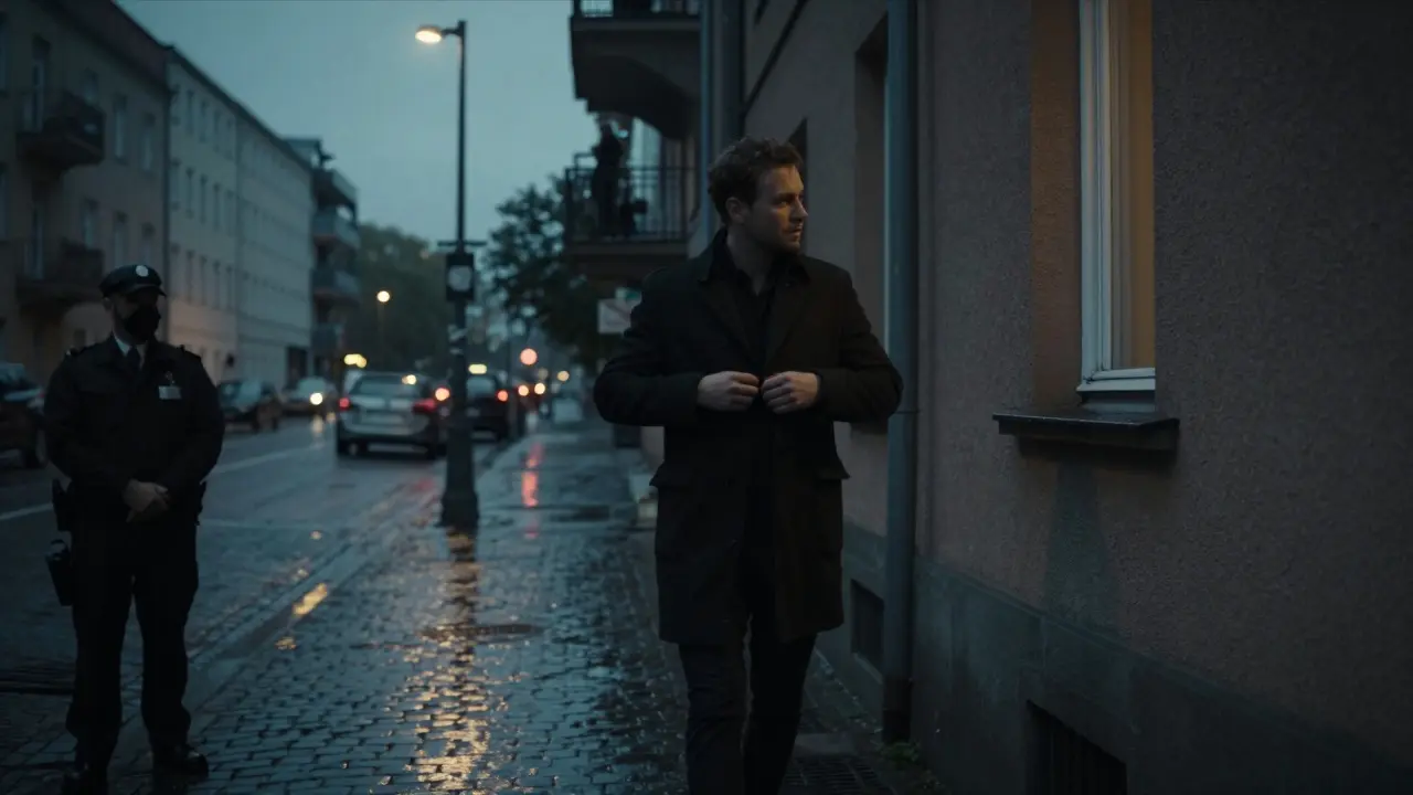 A man leaving a Berlin apartment at dusk, nodding quietly as the escort watches from within.