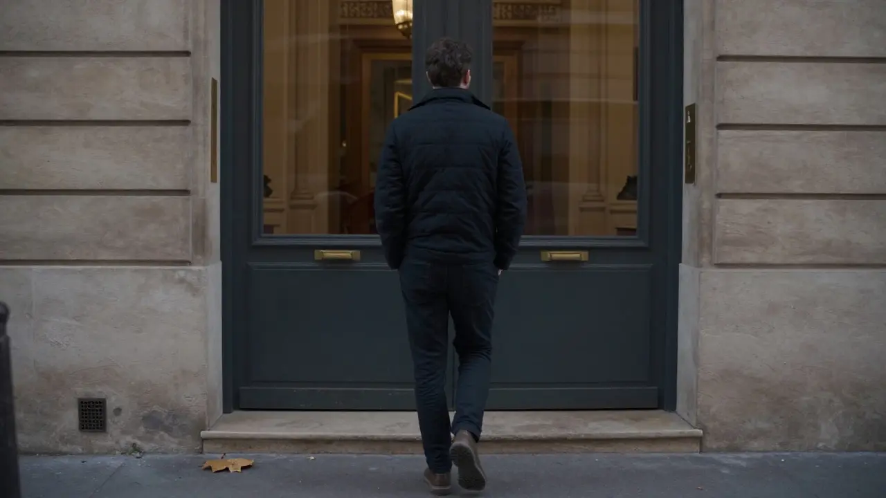 A man walking away alone at dawn, leaving a Paris hotel without drama or attachment.