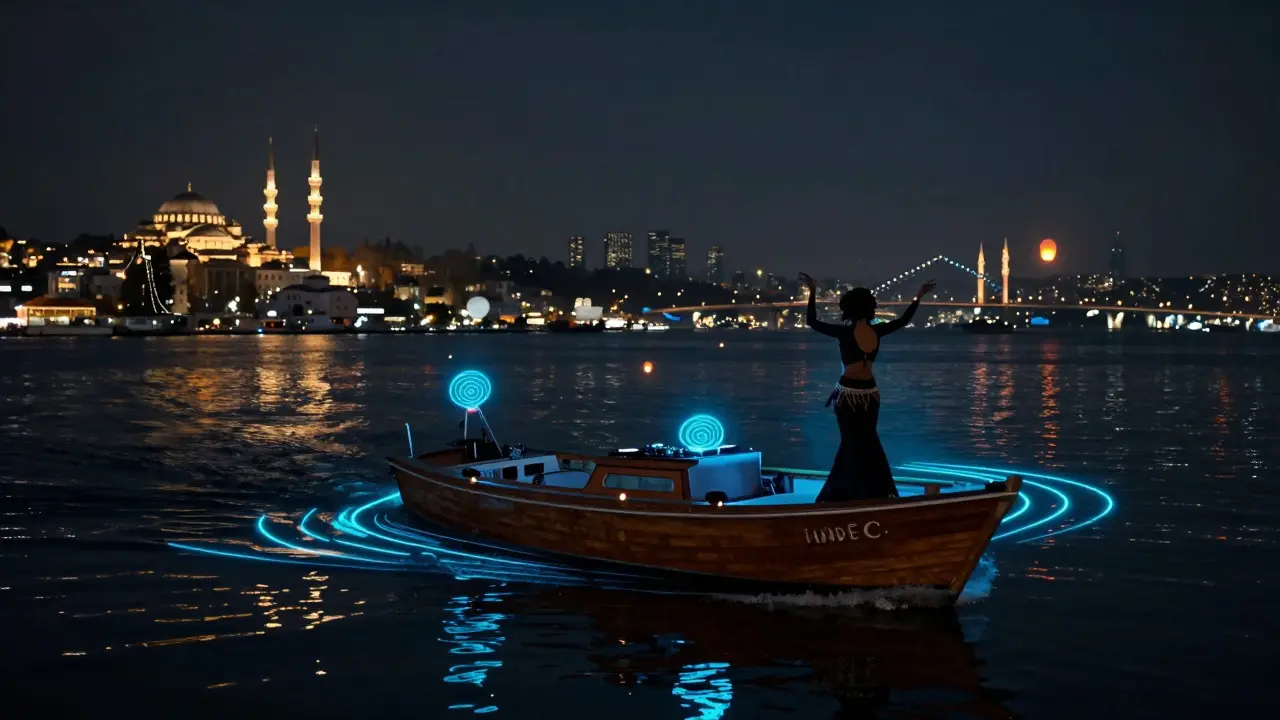 A nighttime cruise on the Bosphorus with city lights reflecting on water, a dancer silhouetted under glowing neon.