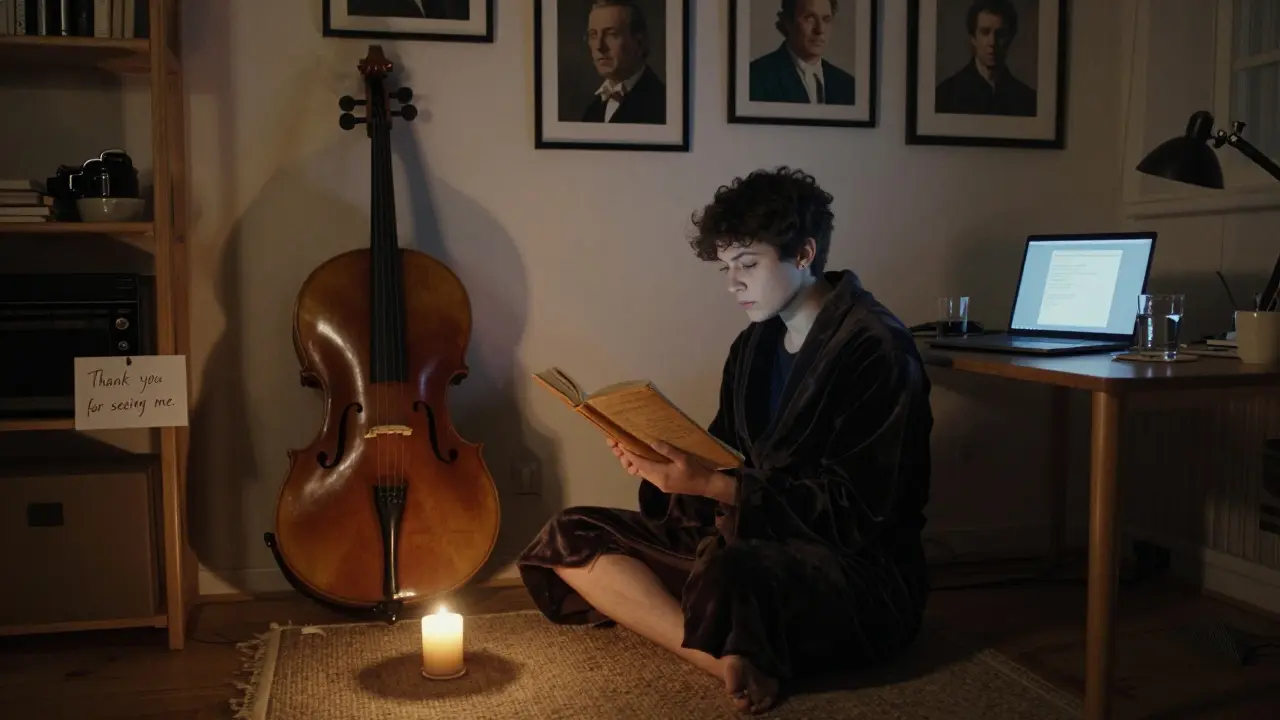 A non-binary person reads Proust in a cozy Berlin study, candlelight glowing beside a cello case and personal portraits.
