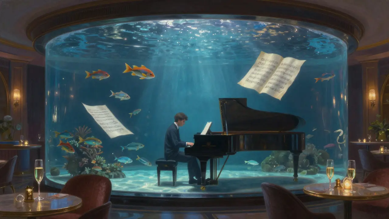 A pianist plays inside a glass room surrounded by an aquarium, fish swimming past as lights shift colors.