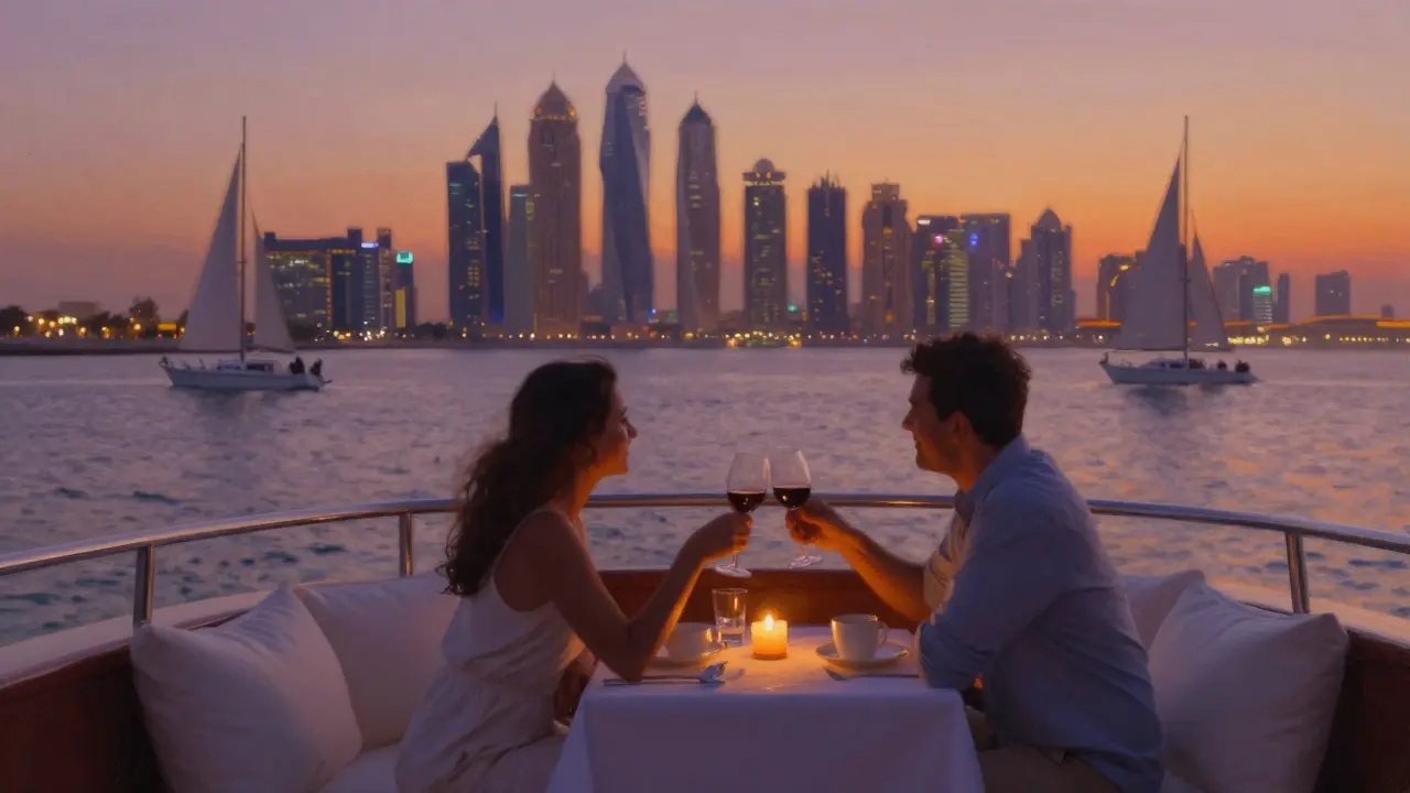 A private yacht cruise at sunset along Dubai Marina with soft candlelight and skyline glow.