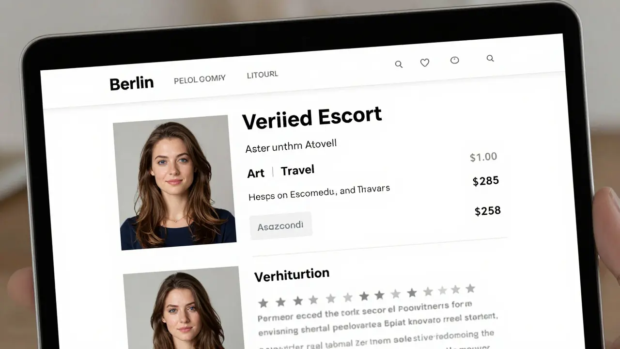 A professional escort profile on a verified website with clear photos, detailed bio, and authentic reviews.