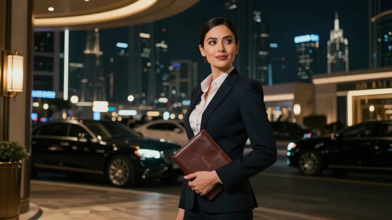 A professional woman in a suit standing outside a luxury Dubai hotel, holding a portfolio with the city lights behind her.