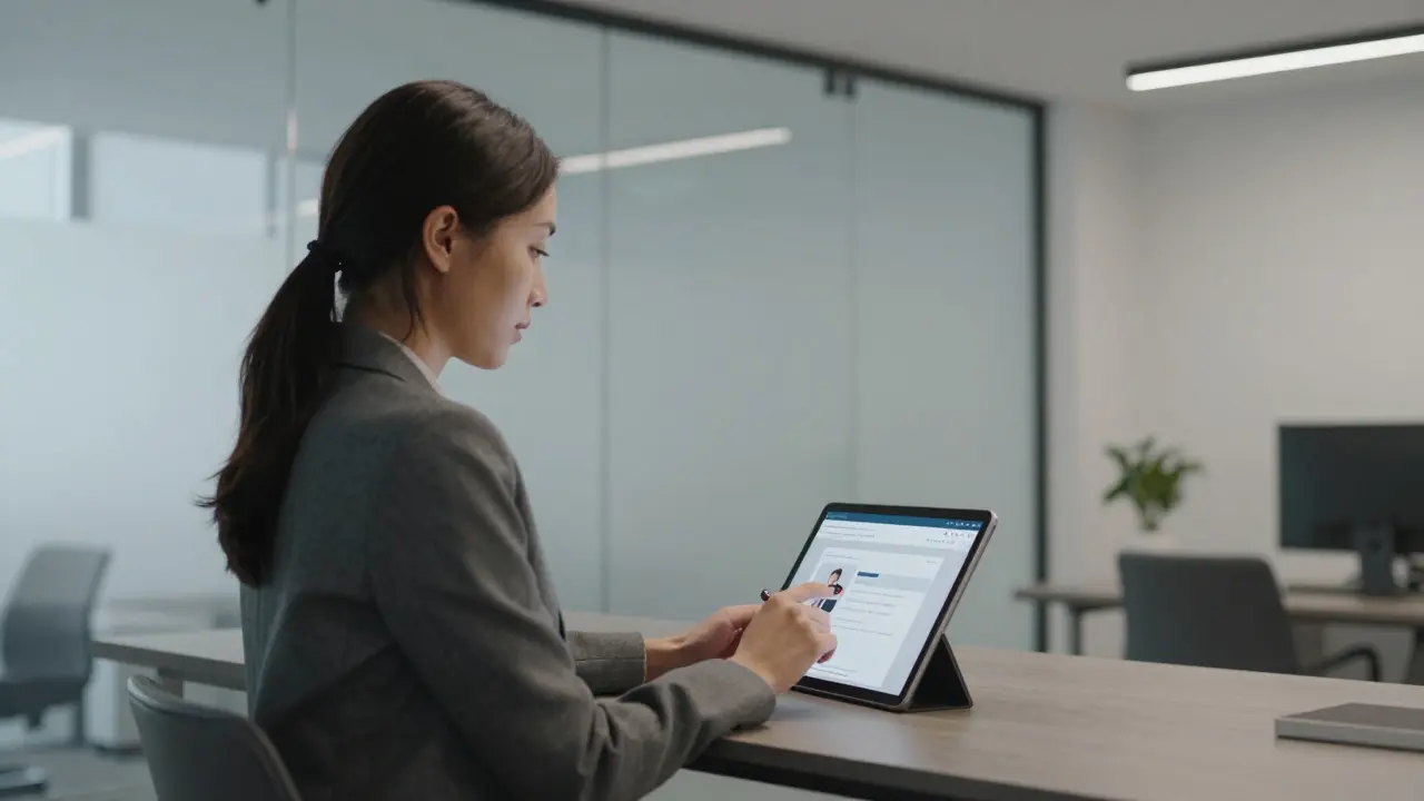 A professional woman reviewing client profiles on a secure tablet in a minimalist office, emphasizing discretion.