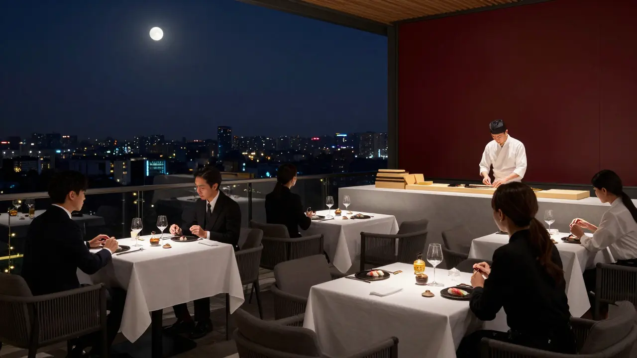 A quiet 40th-floor terrace at night with guests enjoying whiskey and sushi under string lights and city lights.