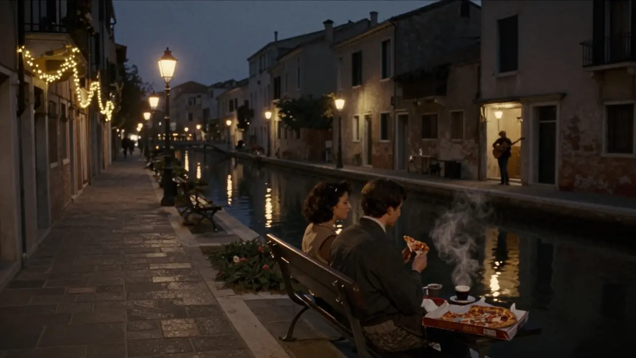 A quiet midnight stroll along Milan&#039;s Navigli canals, lanterns reflecting on still water.