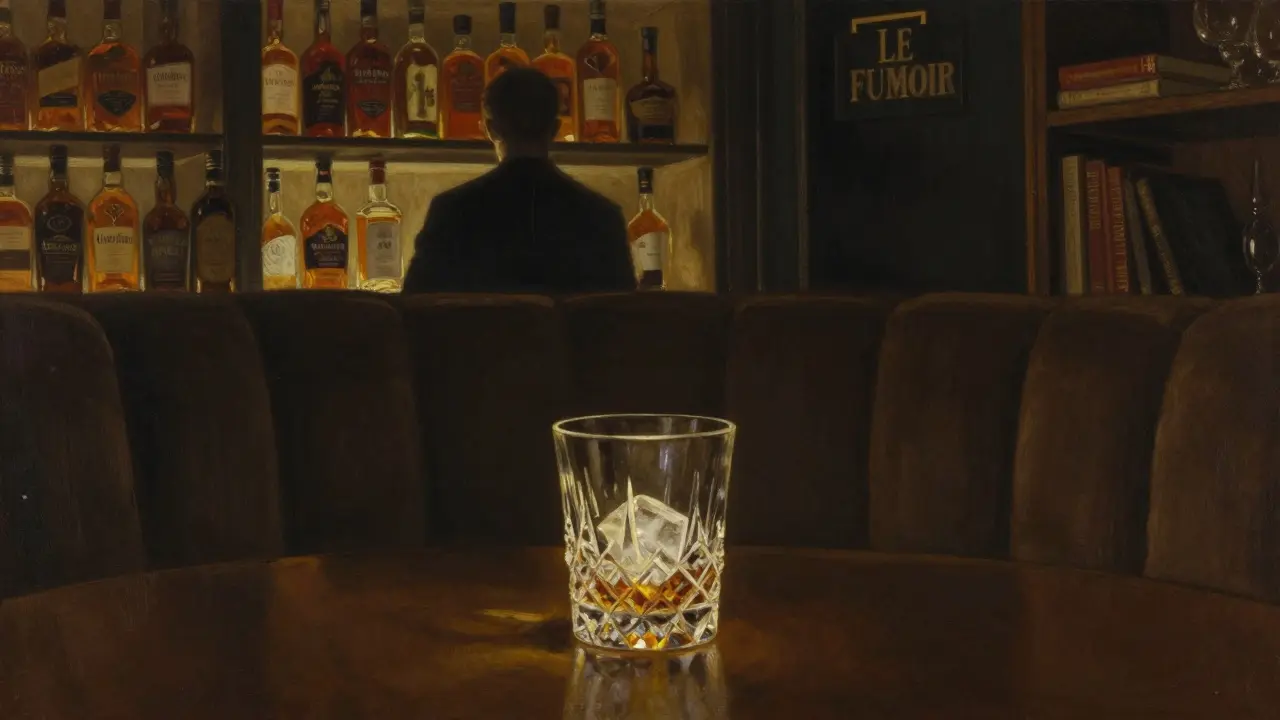 A quiet speakeasy interior with rare whisky, velvet booths, and shadowed bookshelf entrance.