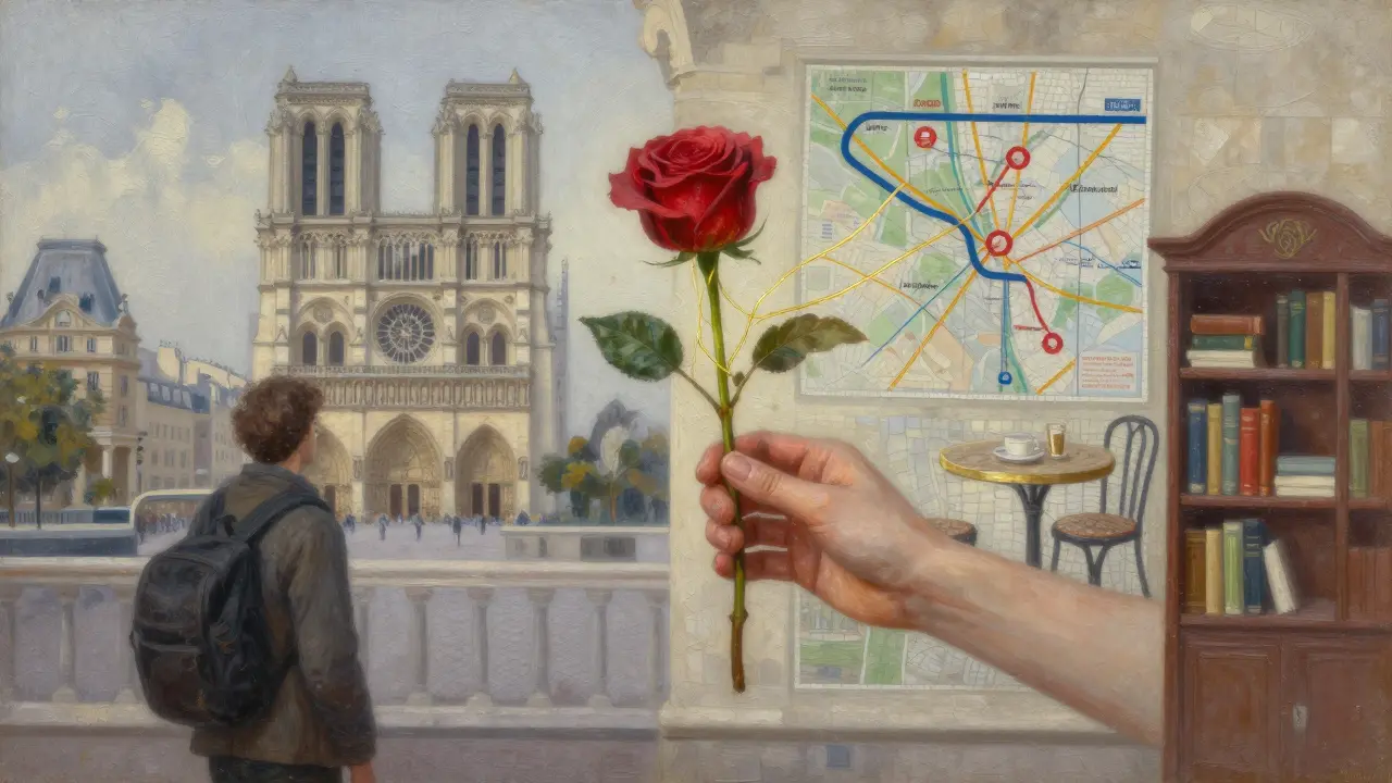 A rose connects iconic Paris landmarks, symbolizing belonging in the city.