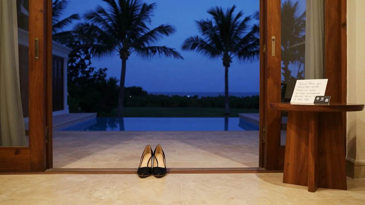 A secluded villa entrance with designer heels and a note, symbolizing discretion and privacy.