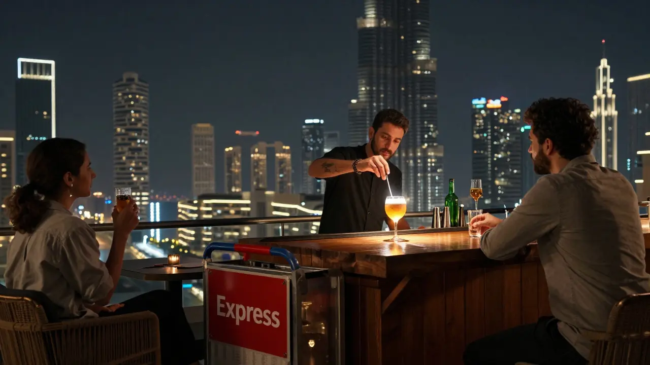 A secret rooftop bar with no railing, offering a silent view of the Burj Khalifa at midnight.
