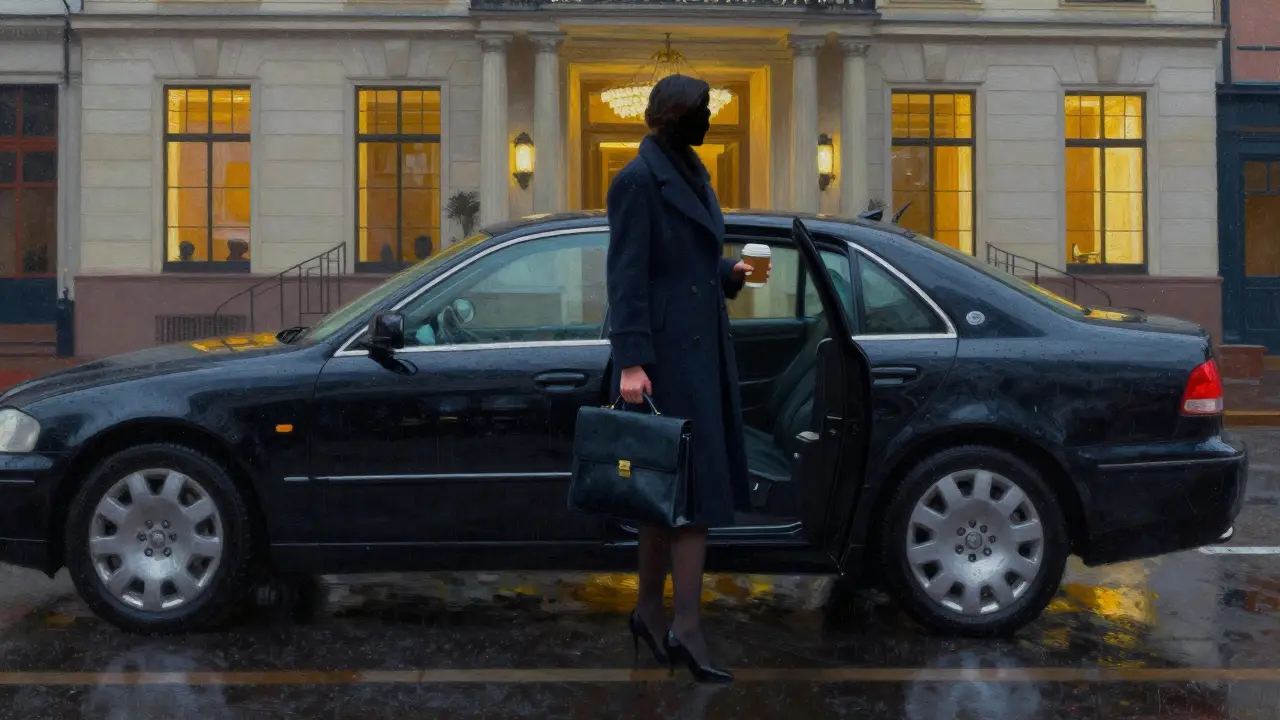 A silhouette of a professional woman stepping out of a car in rainy Charlottenburg, luxury hotel glowing behind her.