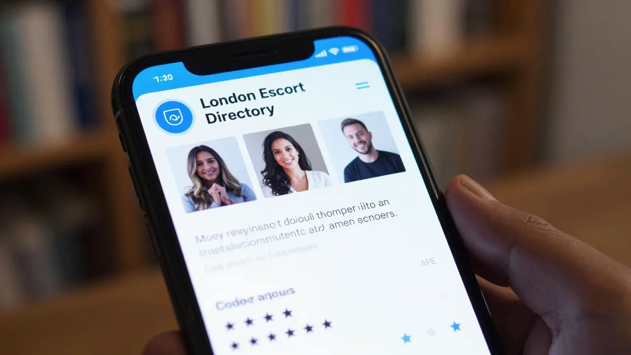 A smartphone screen displays a verified escort profile with multiple photos and client reviews on a trusted directory.