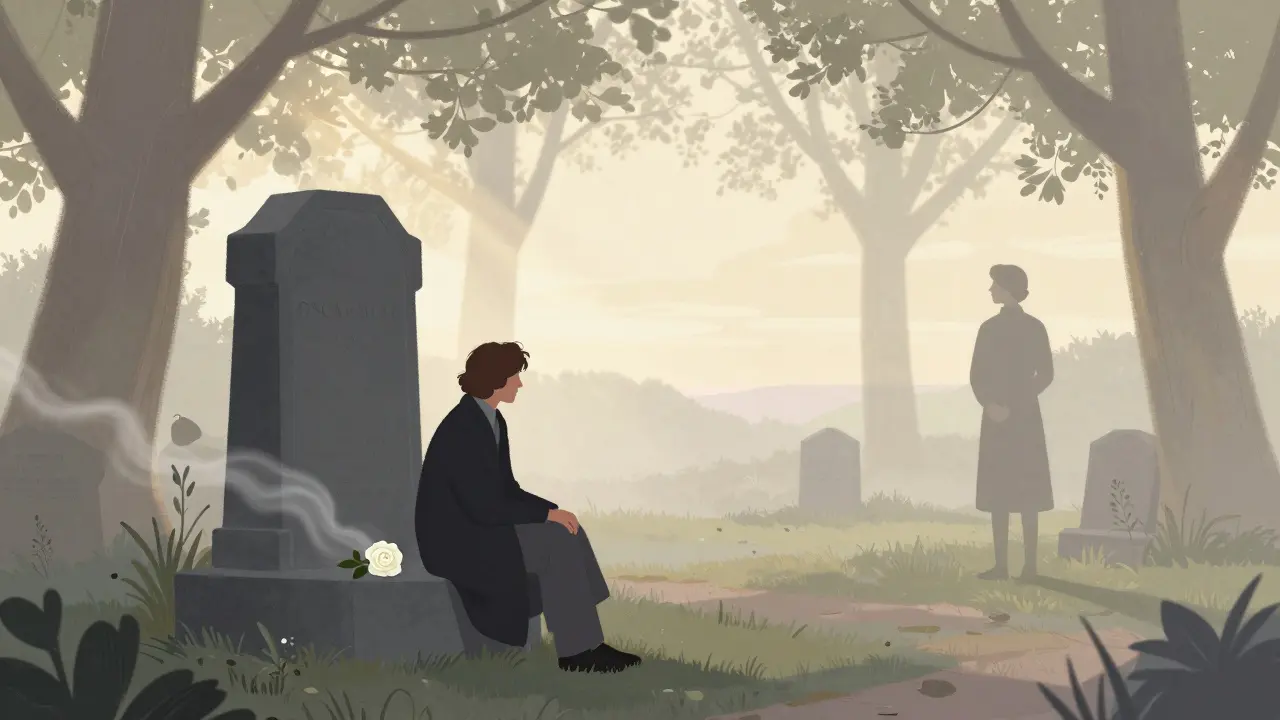 A solitary figure sits by Oscar Wilde’s tomb at dawn with a white rose, a distant companion in mist.