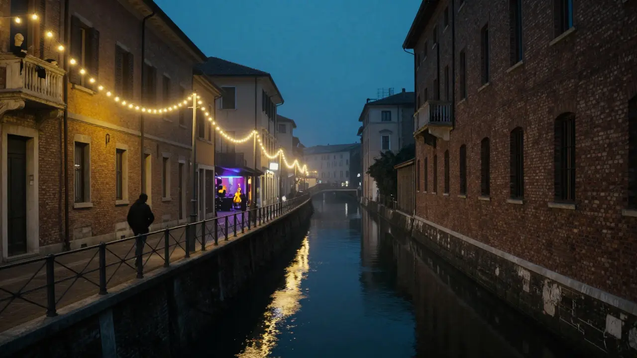 A solitary figure walks along Milan’s Navigli canal at night under soft lights, peaceful and contemplative mood.
