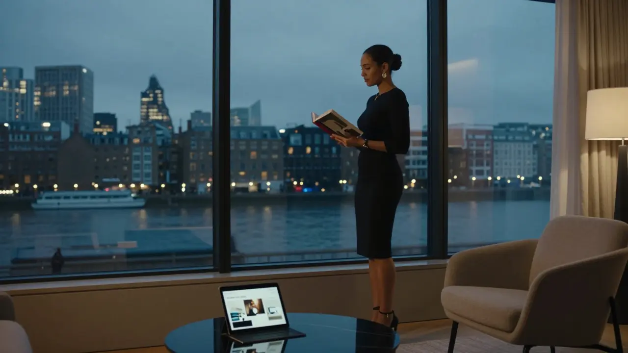 A sophisticated escort stands by a window in a London apartment, gazing at the Thames with a book on art nearby.
