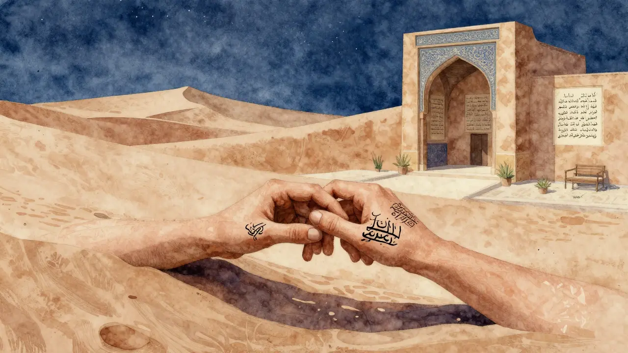 A symbolic bridge made of hands and calligraphy connects desert stars to a poetic courtyard, representing silent connection.
