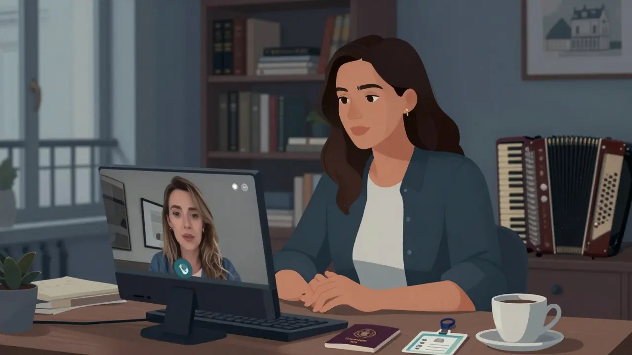 A video call in a Paris apartment with books and an accordion visible in the background.