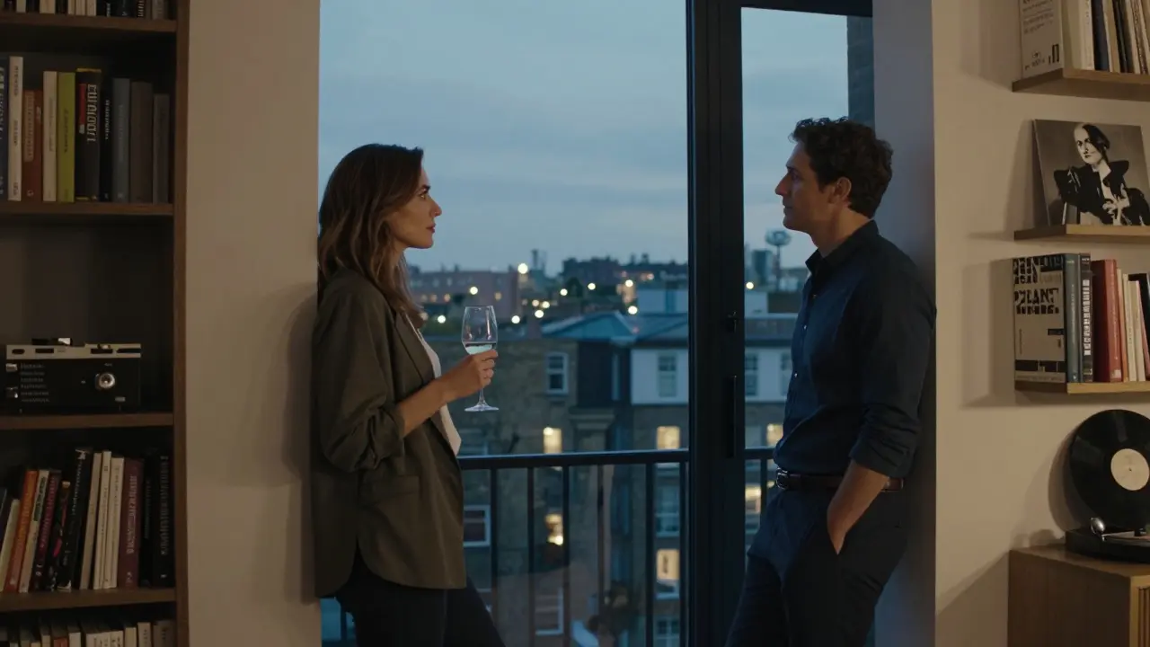 A well-dressed couple in a stylish London apartment, looking out at the city with books and music around them.