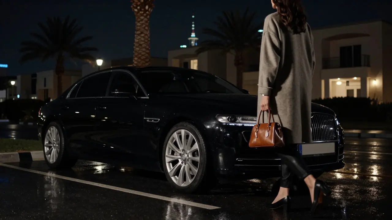 A woman entering a luxury car discreetly at night near Abu Dhabi villas, shadows and reflections emphasizing privacy.