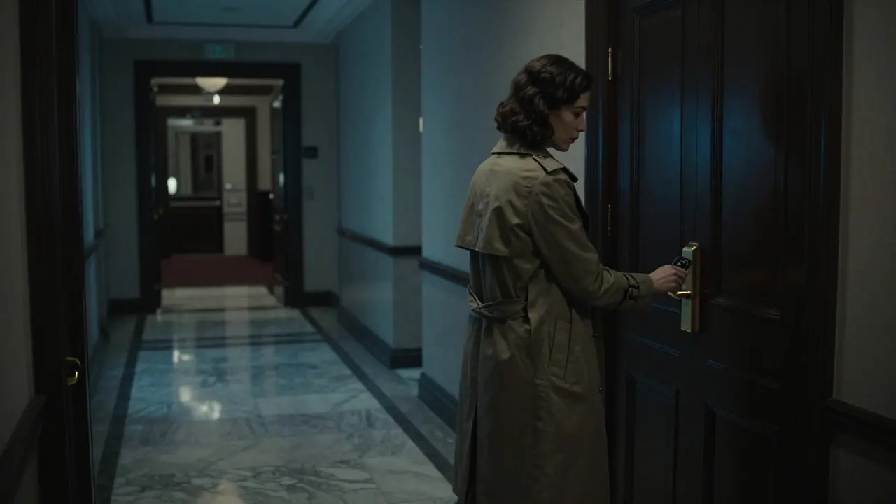 A woman entering a luxury hotel suite in Berlin, alone in a silent, opulent hallway.