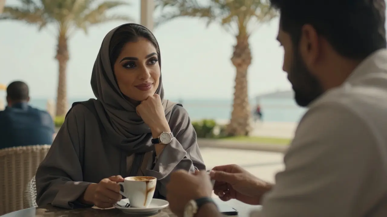 A woman in a modest dress enjoying coffee with a man by the Corniche at sunset.