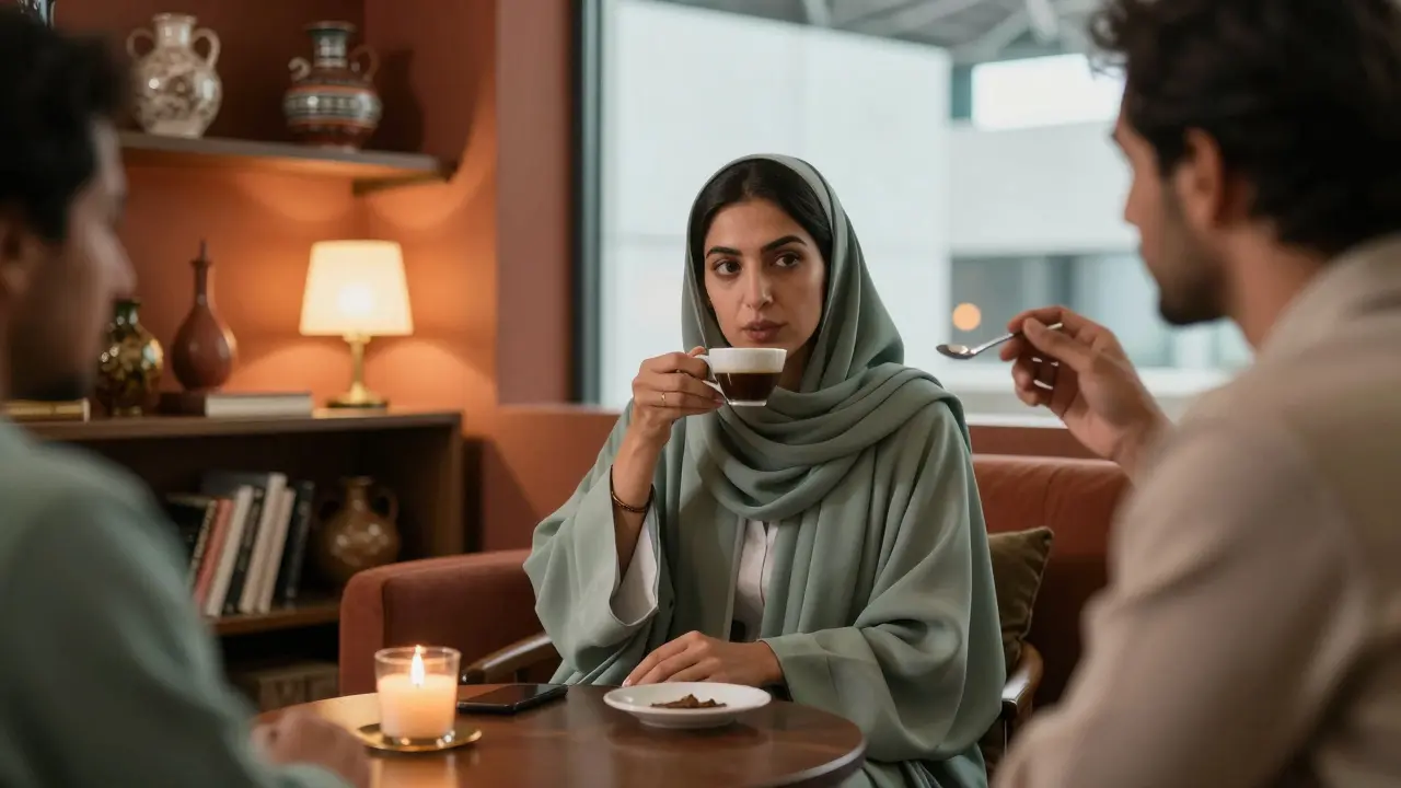 A woman in elegant attire sipping coffee in a cozy lounge, discussing art with a client under warm lamplight.