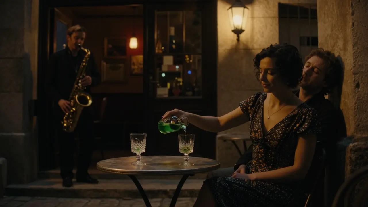 A woman pouring absinthe in a hidden Paris courtyard, jazz music drifting in the night.