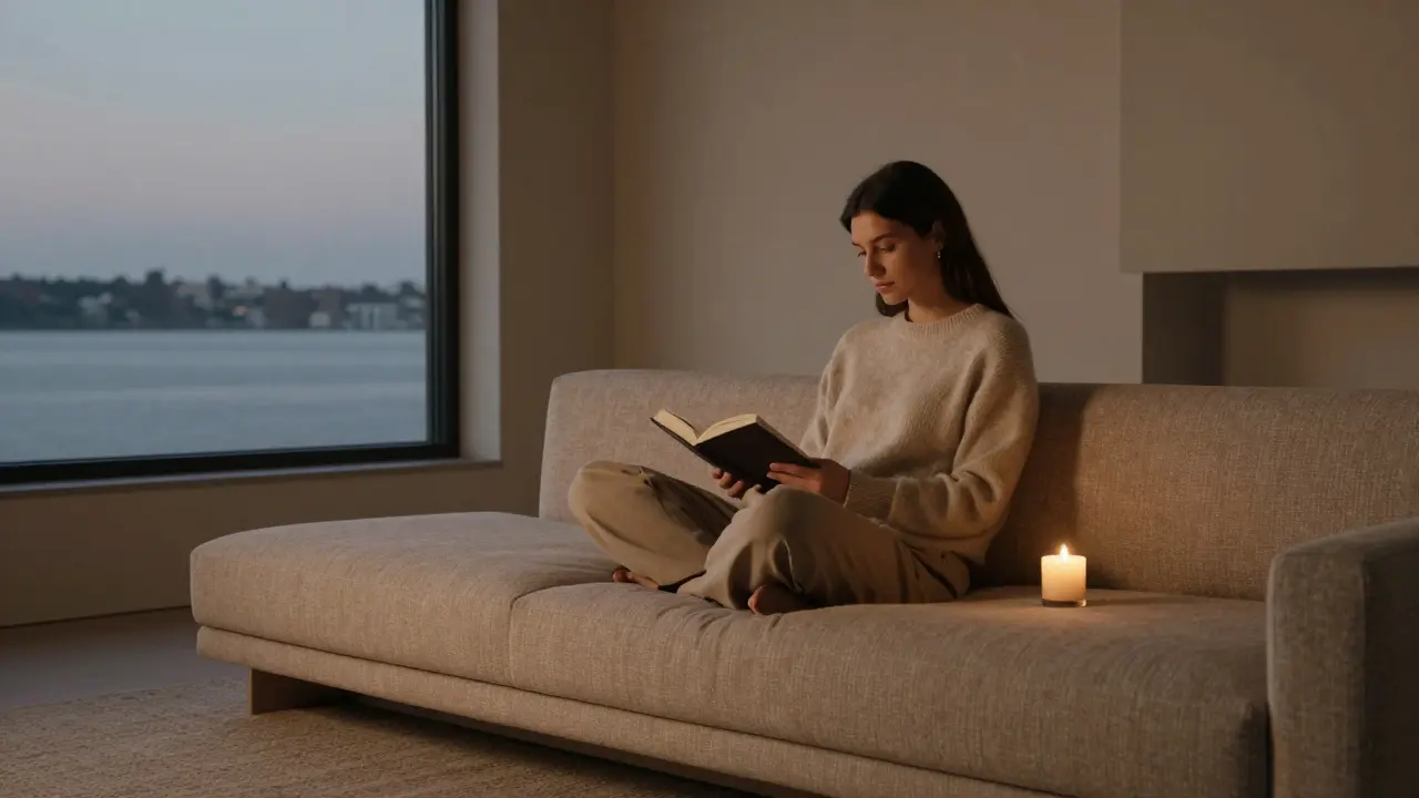 A woman reading peacefully in a quiet modern living space, soft candlelight and evening view through a window.