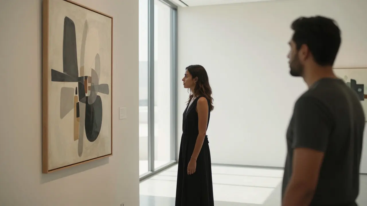 A woman stands before an abstract painting in an Abu Dhabi art gallery, observed with quiet respect.