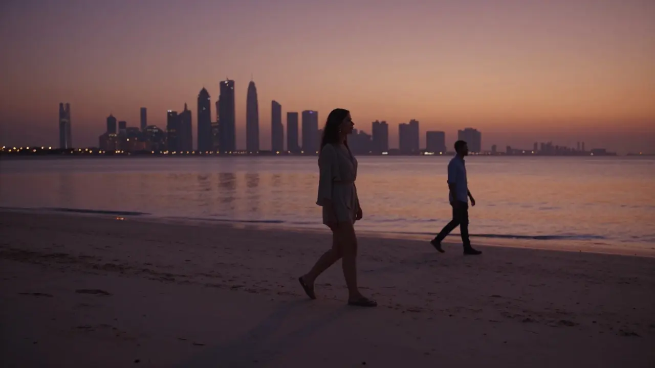 A woman walking alone on Jumeirah Beach at sunset, with a man at a respectful distance behind.