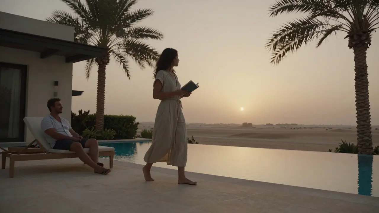 A woman walking barefoot by a pool at a Dubai villa at sunset, reading a book while a man watches calmly.