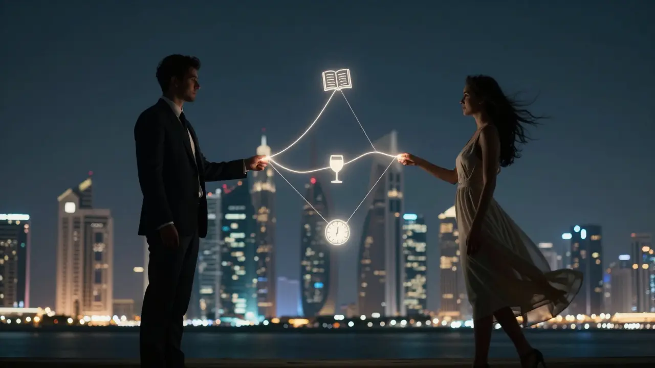 Abstract glowing thread connecting two figures against Abu Dhabi&#039;s nighttime skyline.