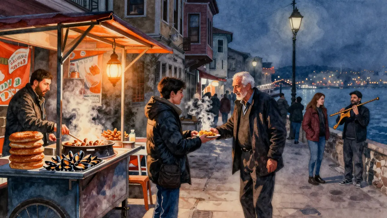 An elderly man offering warm lokma to a traveler under a lantern at a quiet Istanbul street stall at 2 a.m.