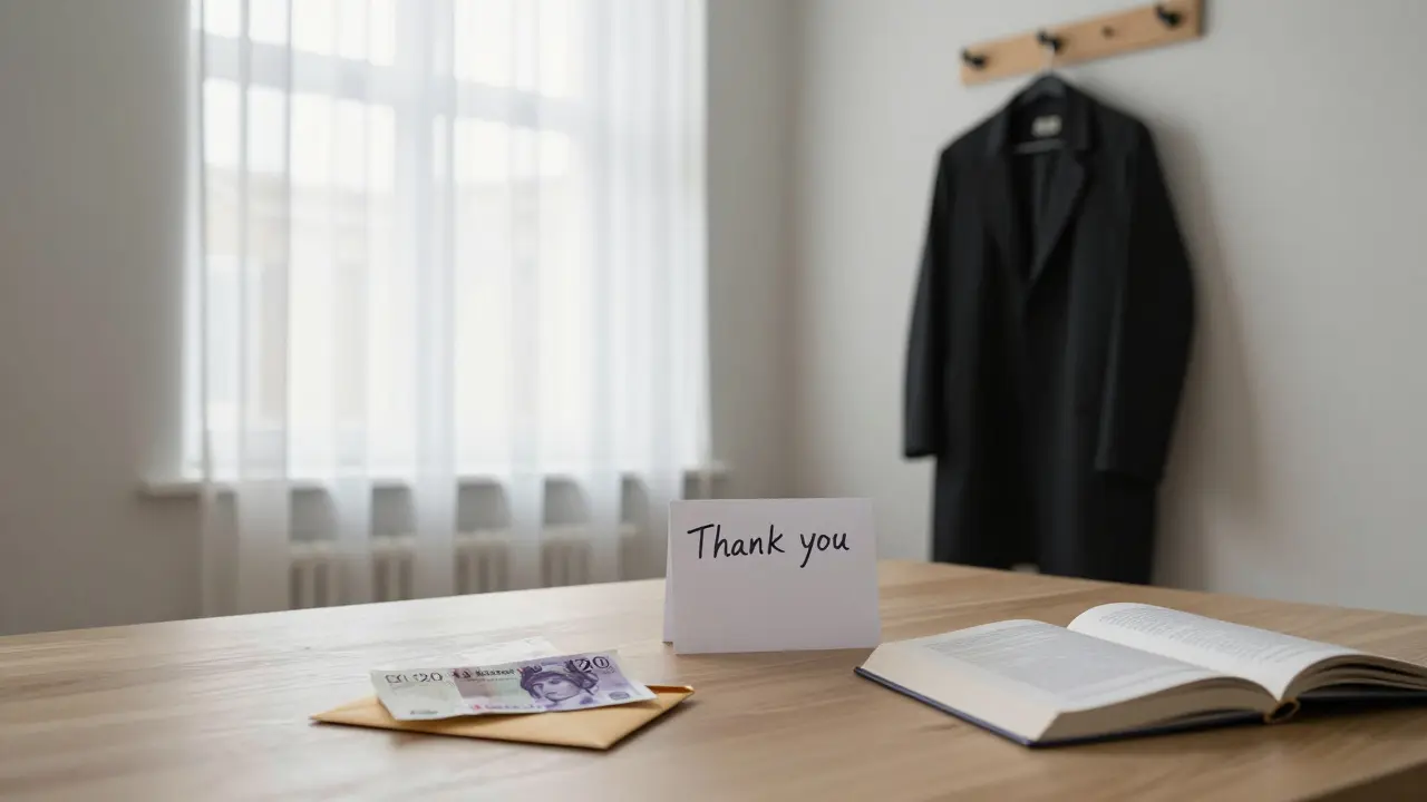 An empty apartment at dawn with a thank-you note and cash envelope, suggesting a respectful, discreet encounter.