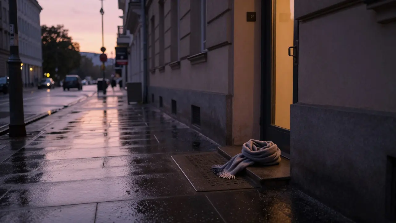 An empty Berlin street at dawn with a folded scarf on a doorstep, symbolizing a fleeting but meaningful encounter.