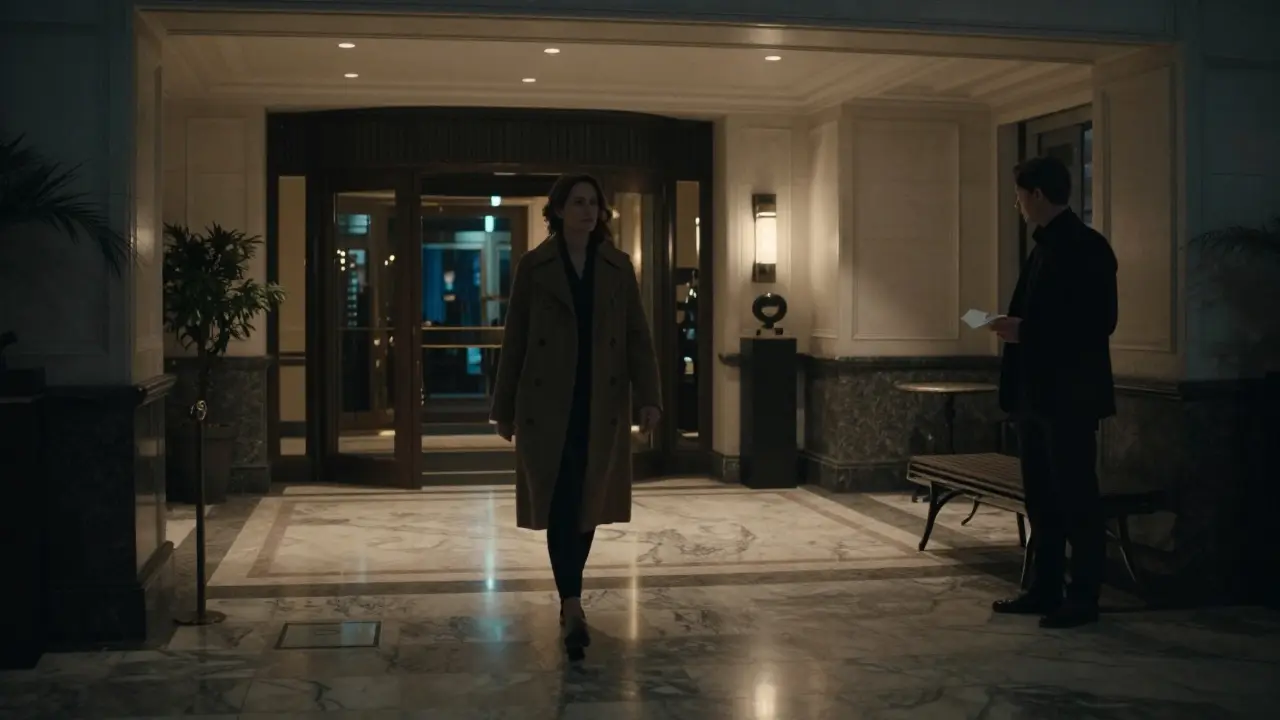 An empty upscale hotel lobby at night, a woman walks away while a man stands hesitantly near a bench.