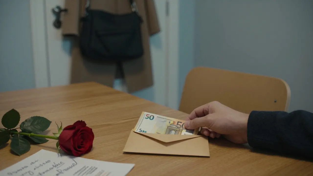 An envelope with cash and a rose on a table, coat hung nearby, suggesting a respectful end to a professional visit.