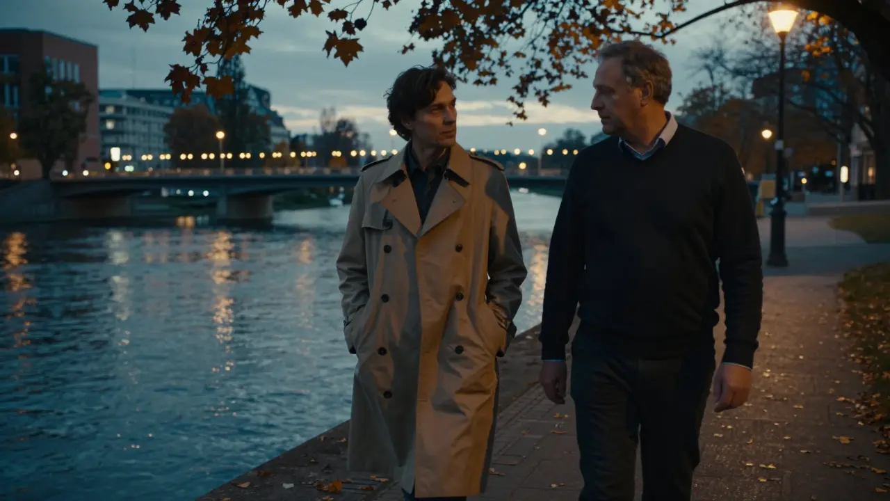 An escort and a client walk together along the river at dusk, engaged in quiet conversation under string lights.