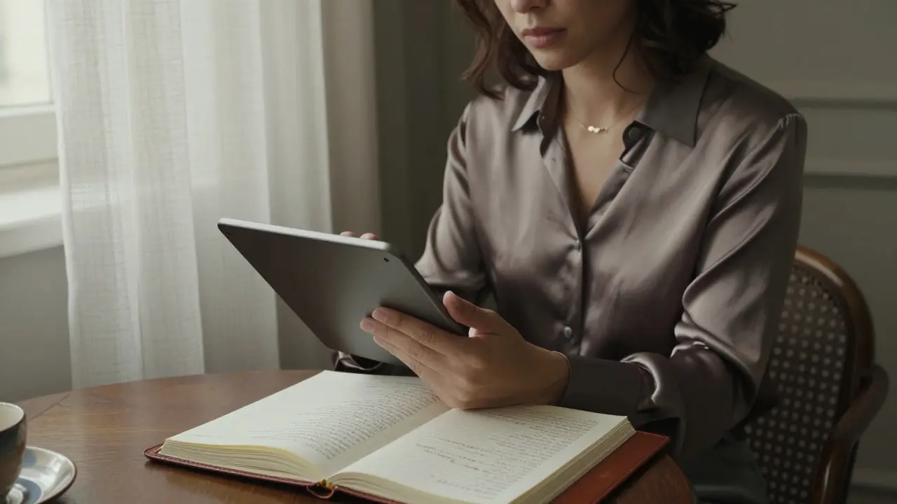 An escort reviews a detailed itinerary in a quiet apartment, surrounded by books and notes on French culture and art.