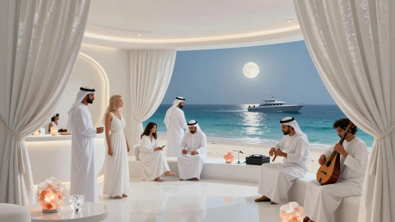 An exclusive all-white club on a private island, guests in white under soft glowing lights.