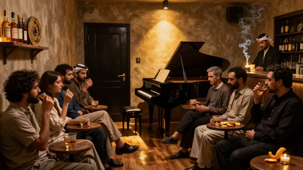 An underground jazz room with a grand piano, single spotlight, and patrons sipping whiskey in quiet reverence.