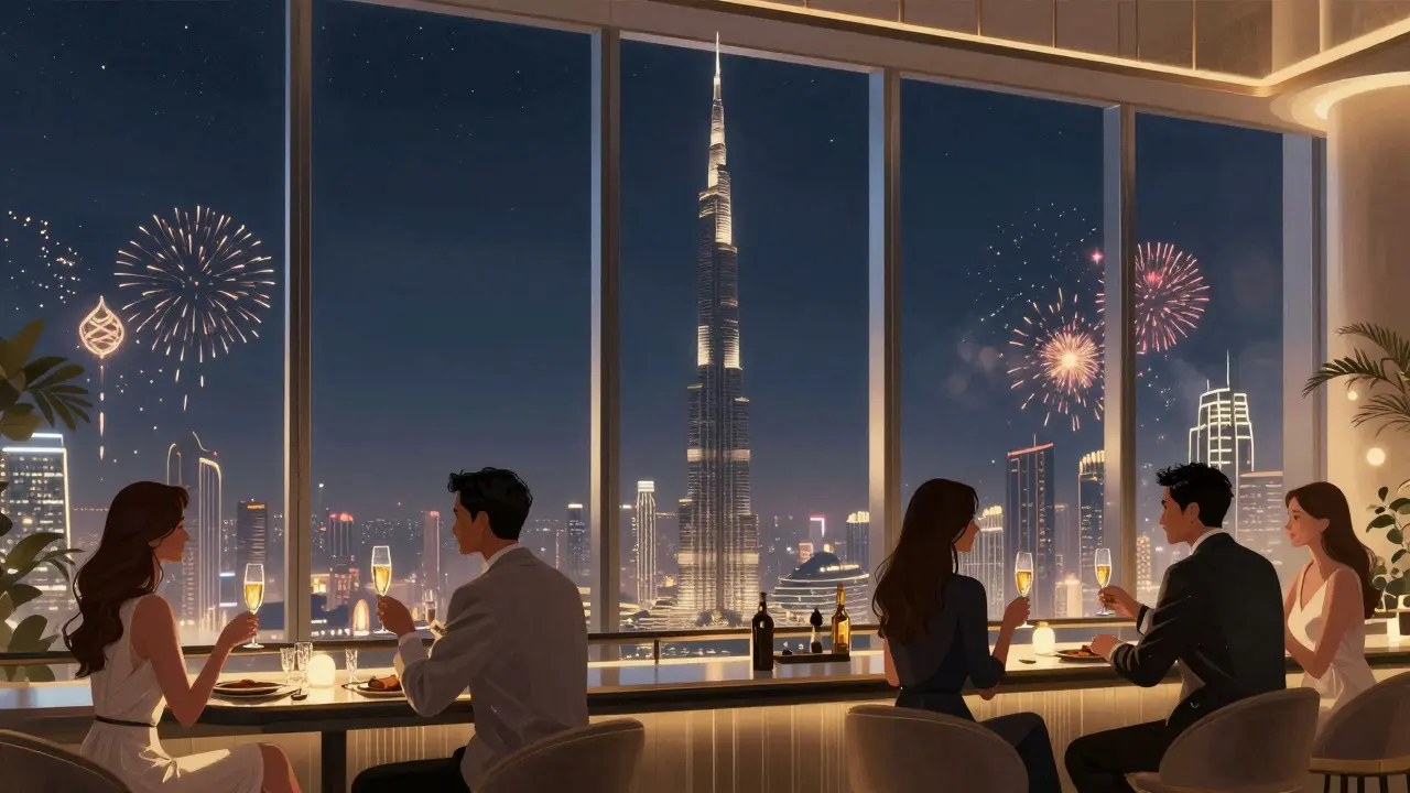 An upscale rooftop bar with guests toasting champagne, the Burj Khalifa and fireworks in the background.